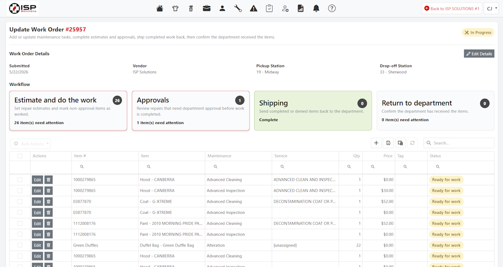 Work order details screen showing assignments, status, and inspection dates